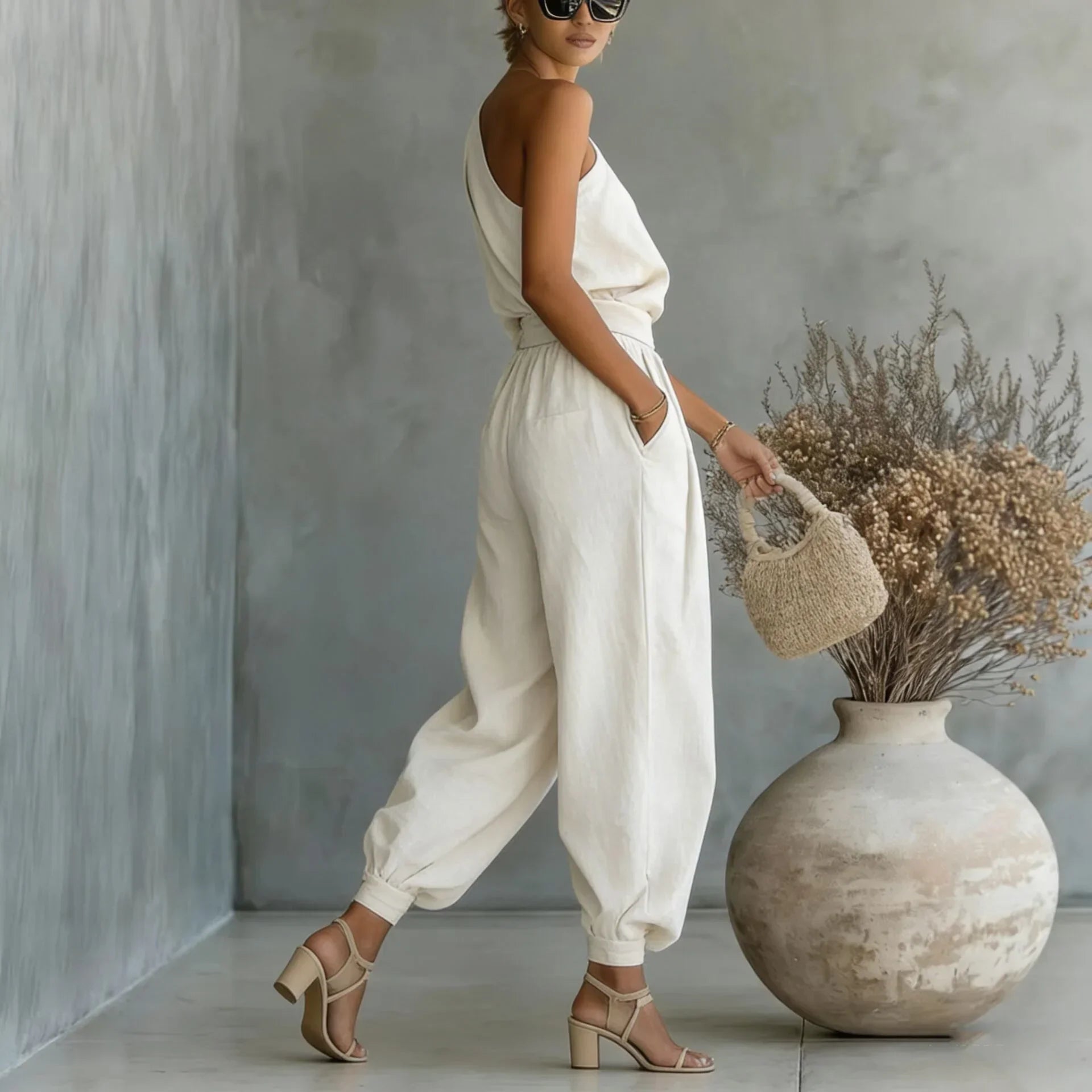 Linnea™ Set with One-Shoulder Top and High-Waisted Pants with Cuffed Hem