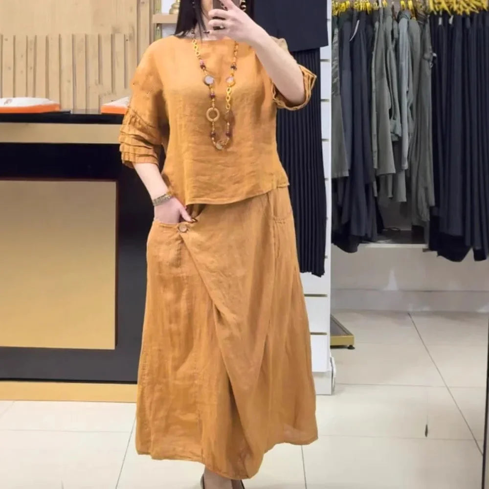 Bellarive™ Cotton Linen Set With Relaxed Blouse and Wrap Skirt