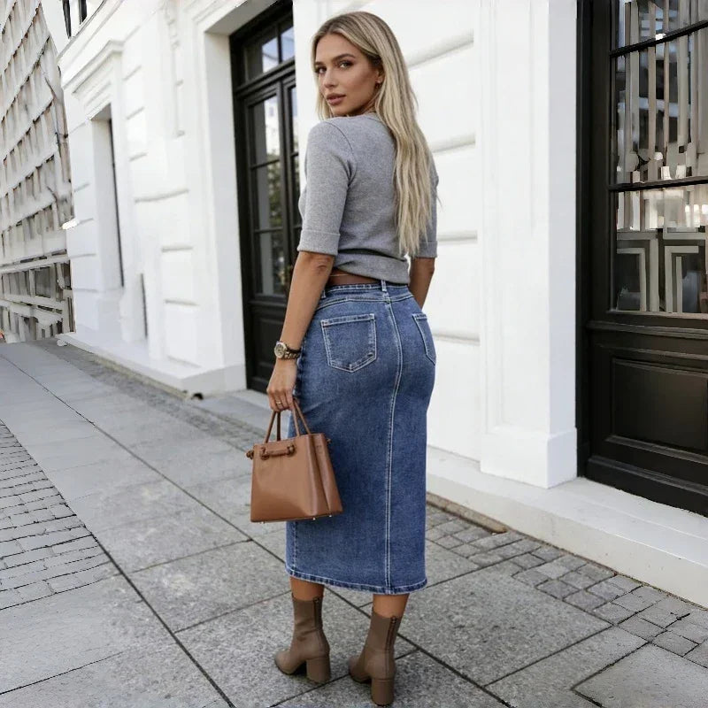 Belmira™ Premium Denim Skirt with Front Buttons and an Elegant Slit