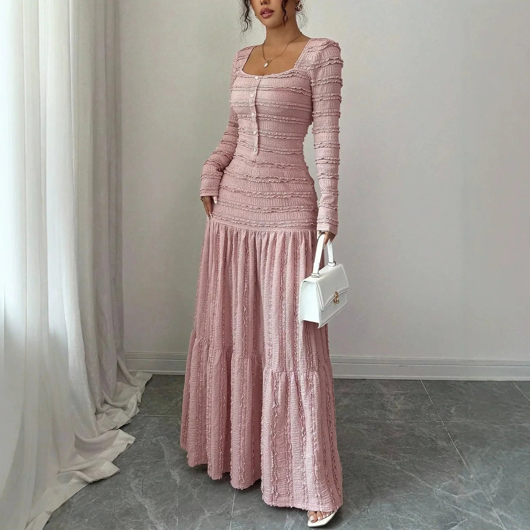 Ursula™ Long Dress in Pleated Knit with Front Button Closure