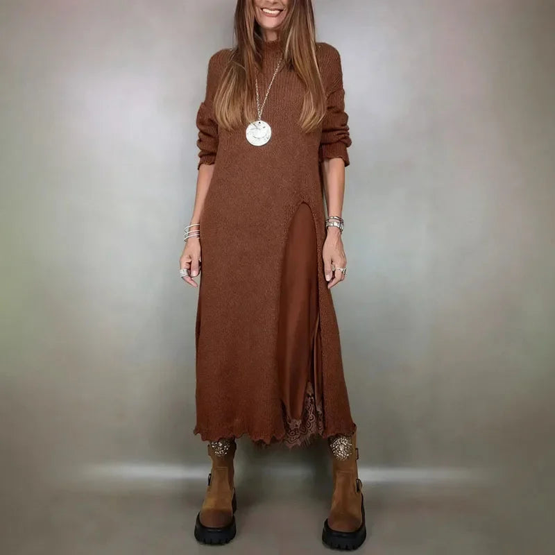 Valérie™ Set with Charming Satin Dress and Long Handcrafted Knit Sweater