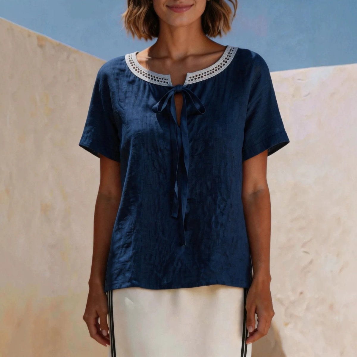 Valisse™ Blouse with Delicate Bow and Handcrafted Eyelet Lace at the Neckline