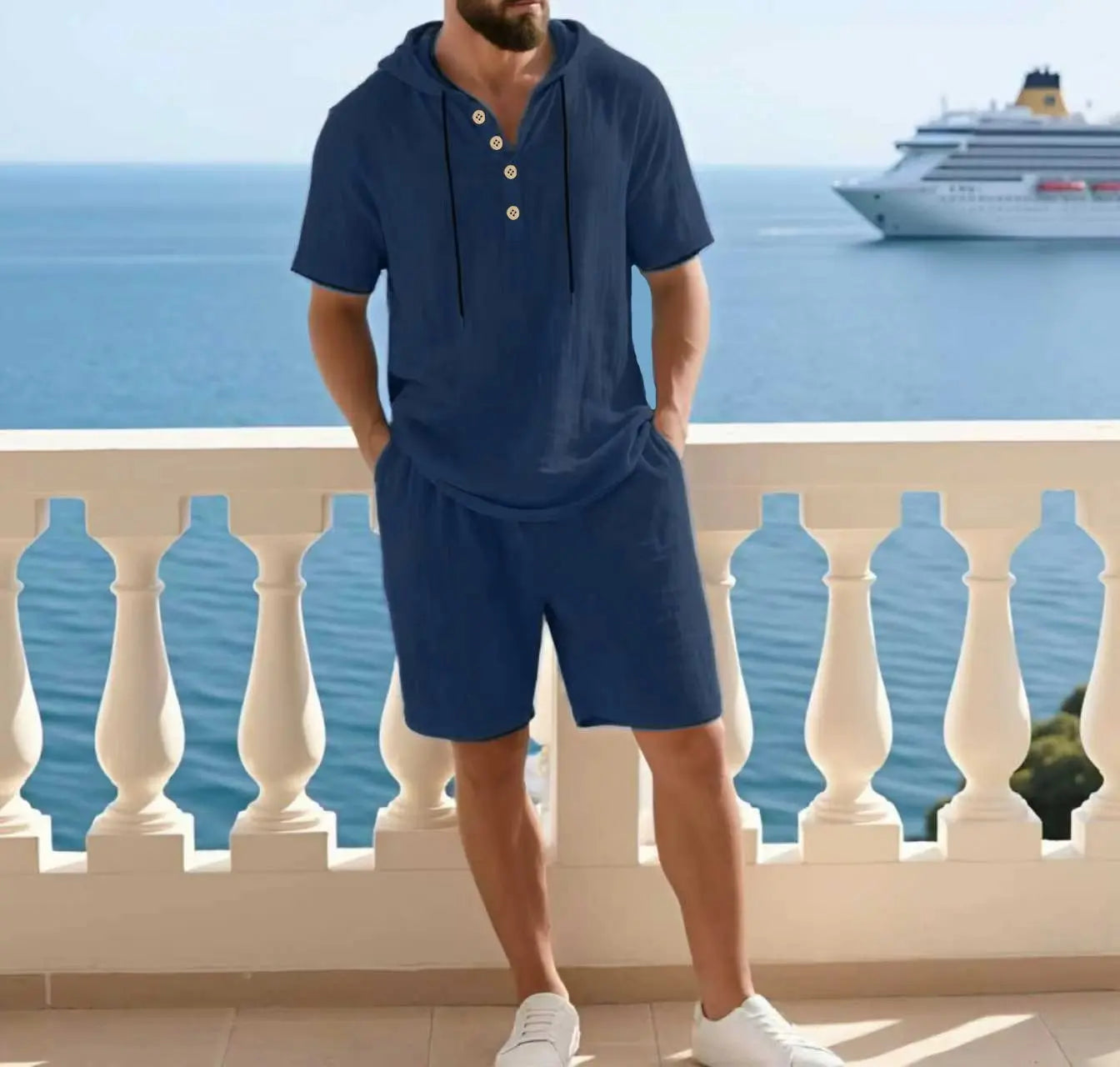 Portofino Coast™ Cotton-Linen Set With Modern Hooded Shirt