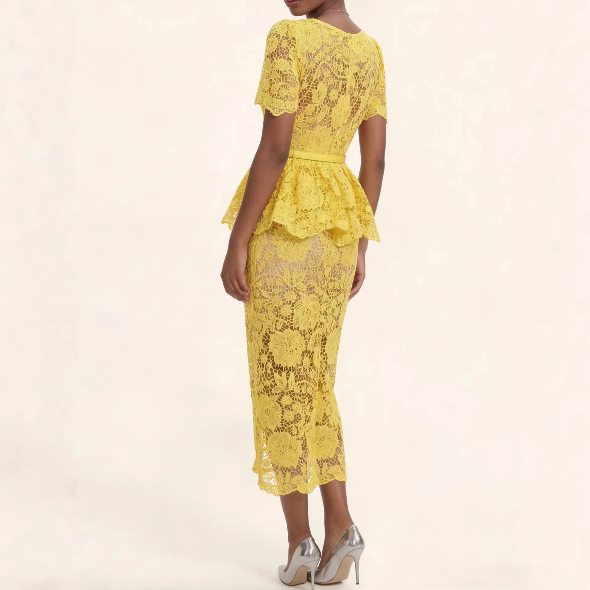 Marivelle™ Dress with Floral Lace, Peplum and Ornamental Buttons