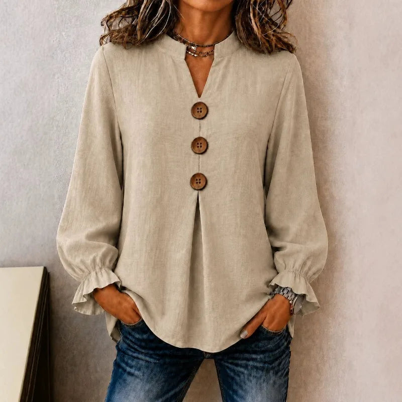 Blouse Molly™ in Linen-Cotton with Mandarin Collar, Button-Front and Ruffled Cuffs