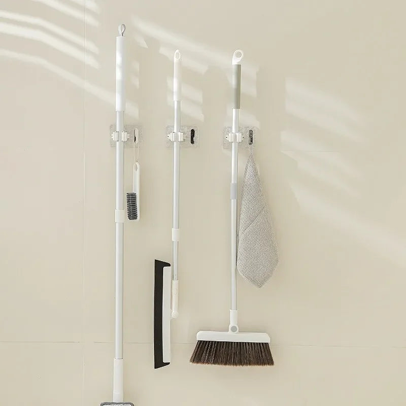 Wall Mounted Mop and Broom Holder – Adhesive Organizer with Extra Hook
