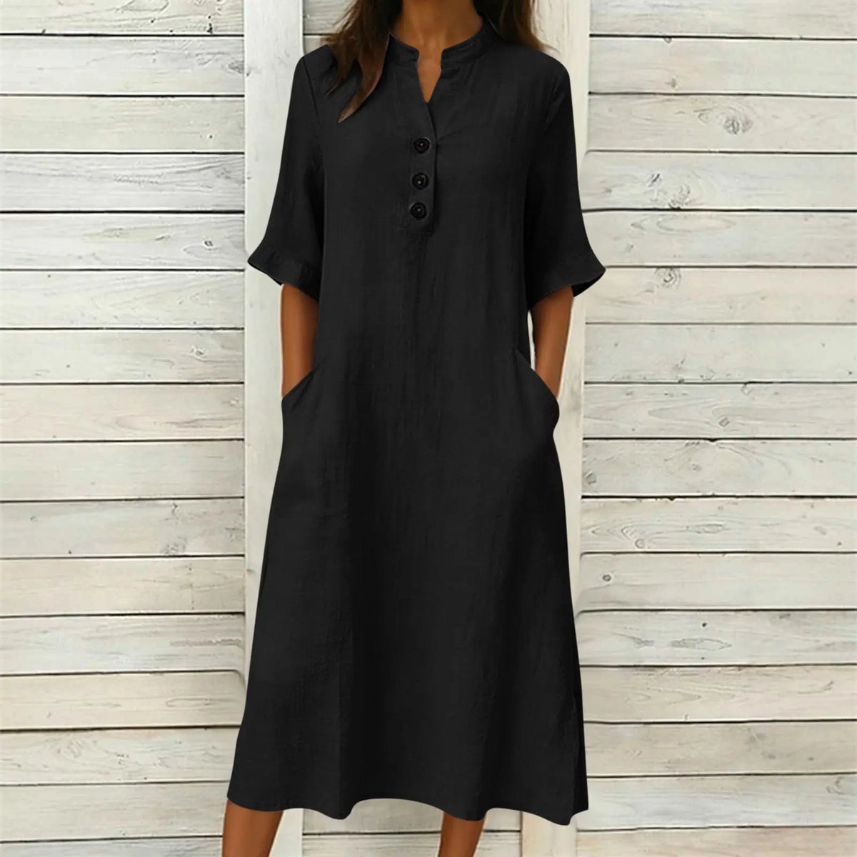 Dress Julia™ in Cotton with Stand Collar, Button Front and Pockets