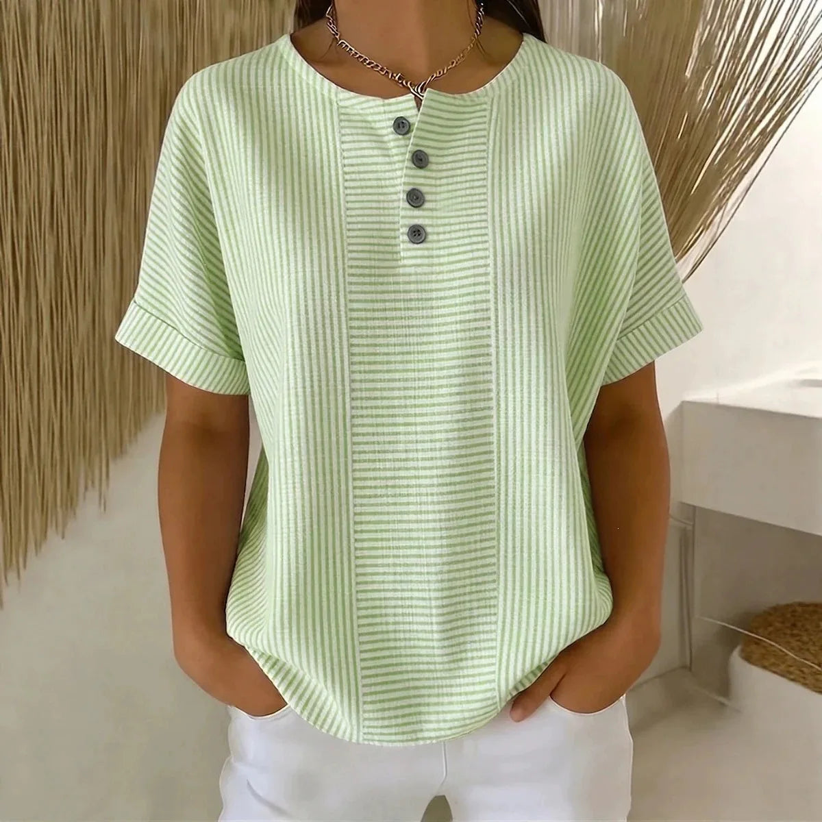 Euddora™ Blouse With Delicate Stripes and Front Buttons