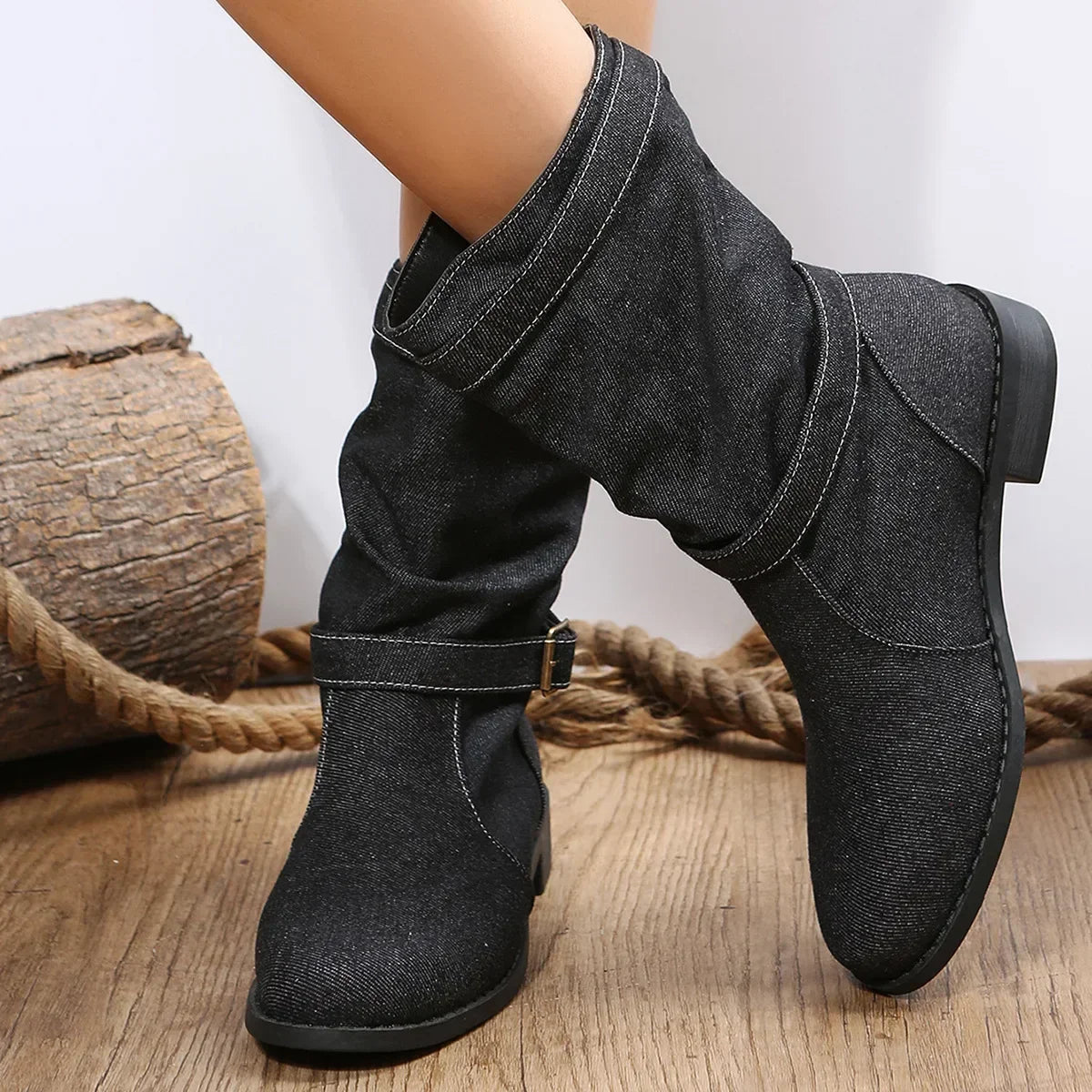 Montana™ Boots in Denim Jeans with Mid-Calf Shaft and Decorative Buckles / Authenticity and Style in Every Detail!