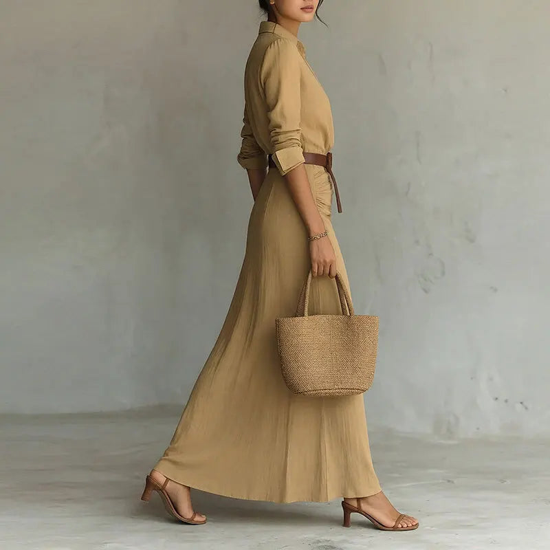 Marenza™ Dress with Shirt Collar, Matching Belt and Maxi Silhouette