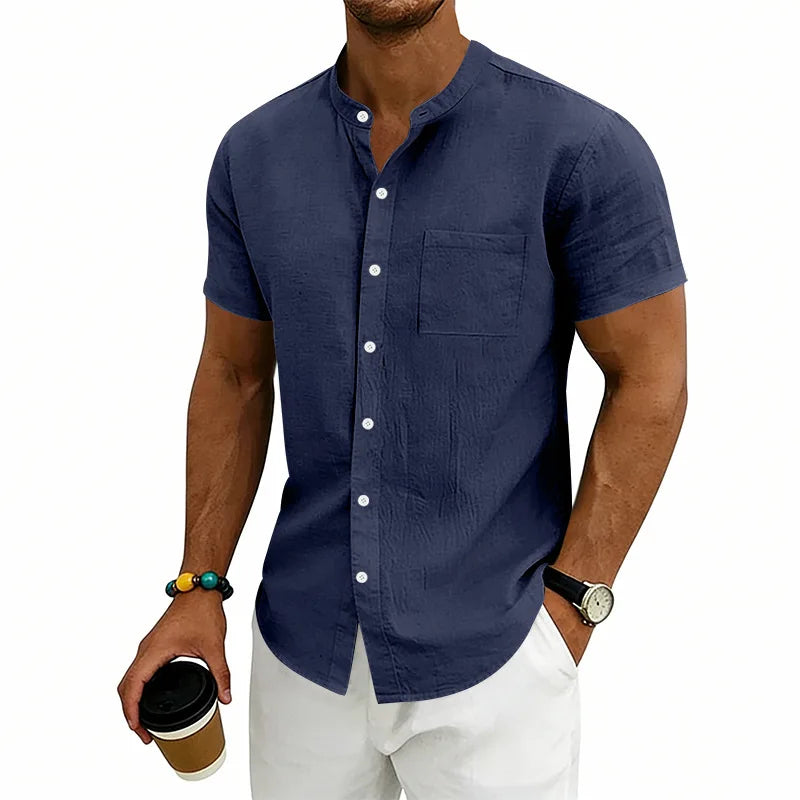 Montese™ Linen Cotton Shirt With Mandarin Collar