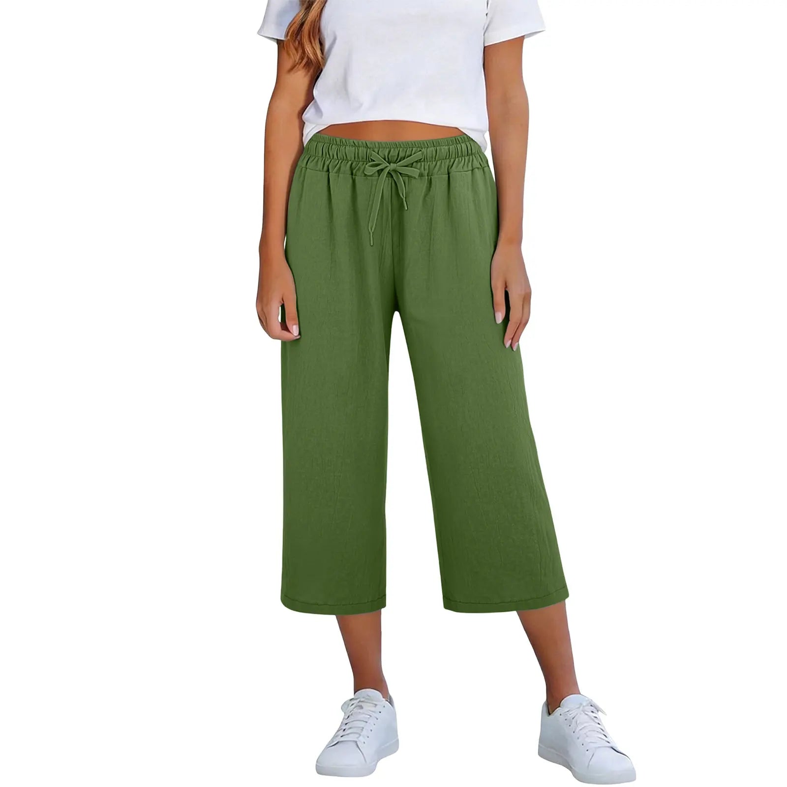 Lisia™ Cotton Linen Cropped Wide-Leg Pants With Elastic Waist And Adjustable Drawstring