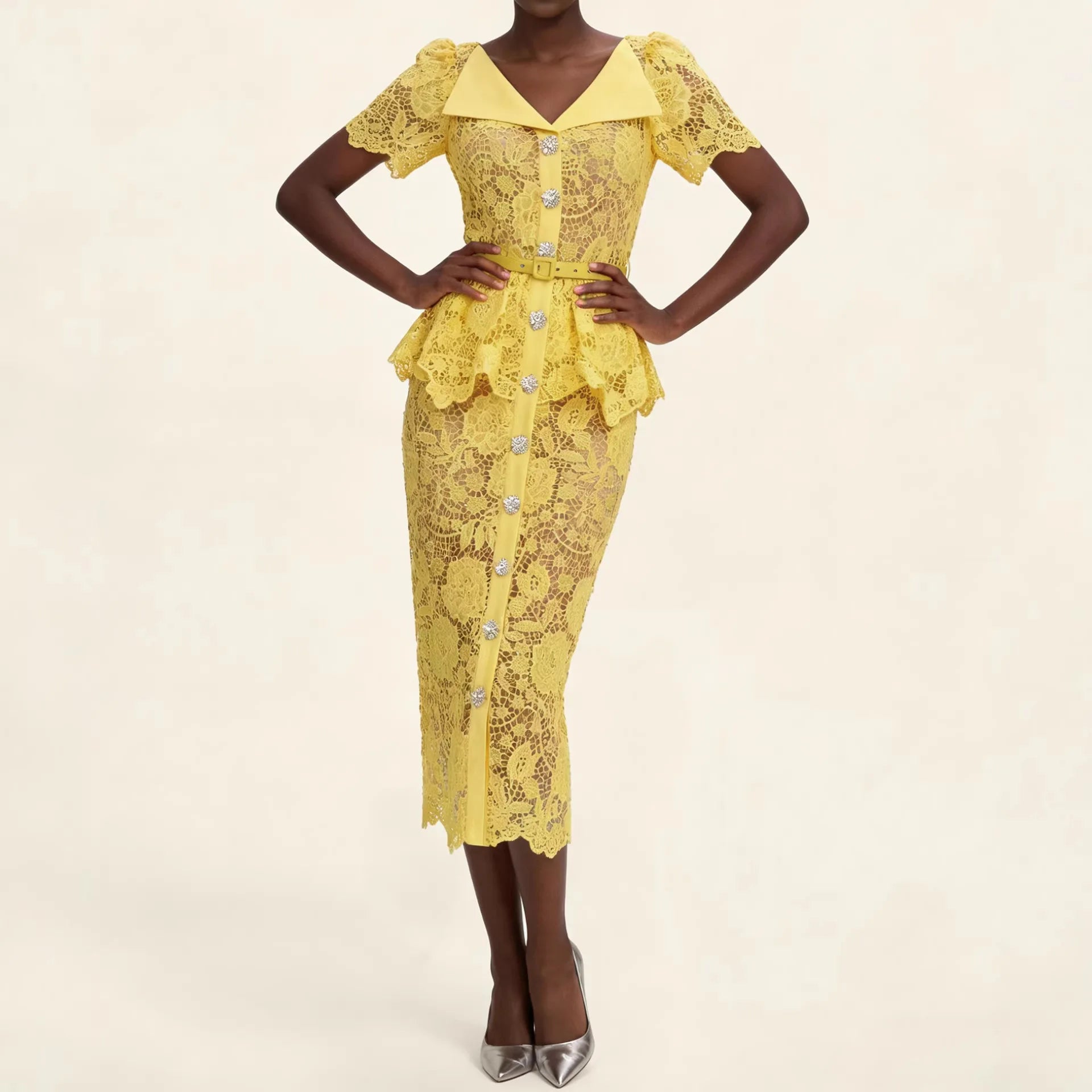Marivelle™ Dress with Floral Lace, Peplum and Ornamental Buttons