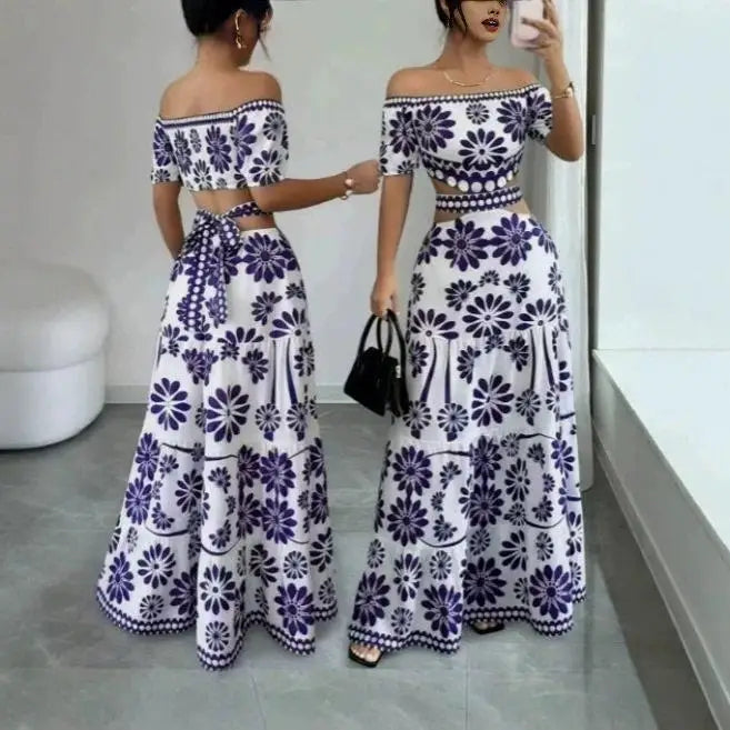 Amalina™ Off-Shoulder Dress With Waist Cutout And Elegant Print