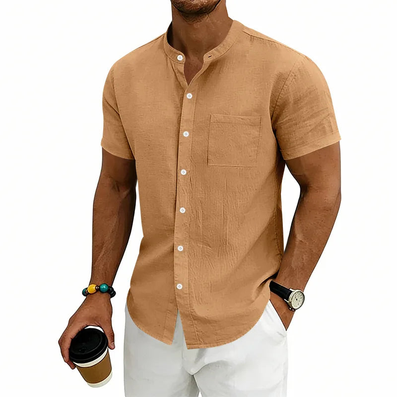 Montese™ Linen Cotton Shirt With Mandarin Collar