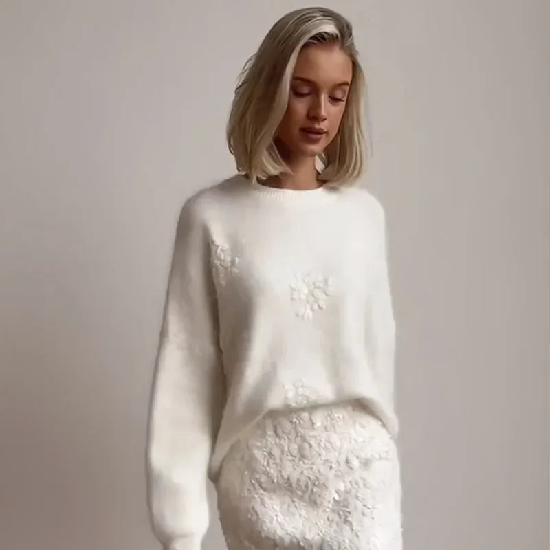 Toronto™ Sweater in Soft Tricot with Floral Appliques / Quiet Elegance for Chilly Days with Charm!