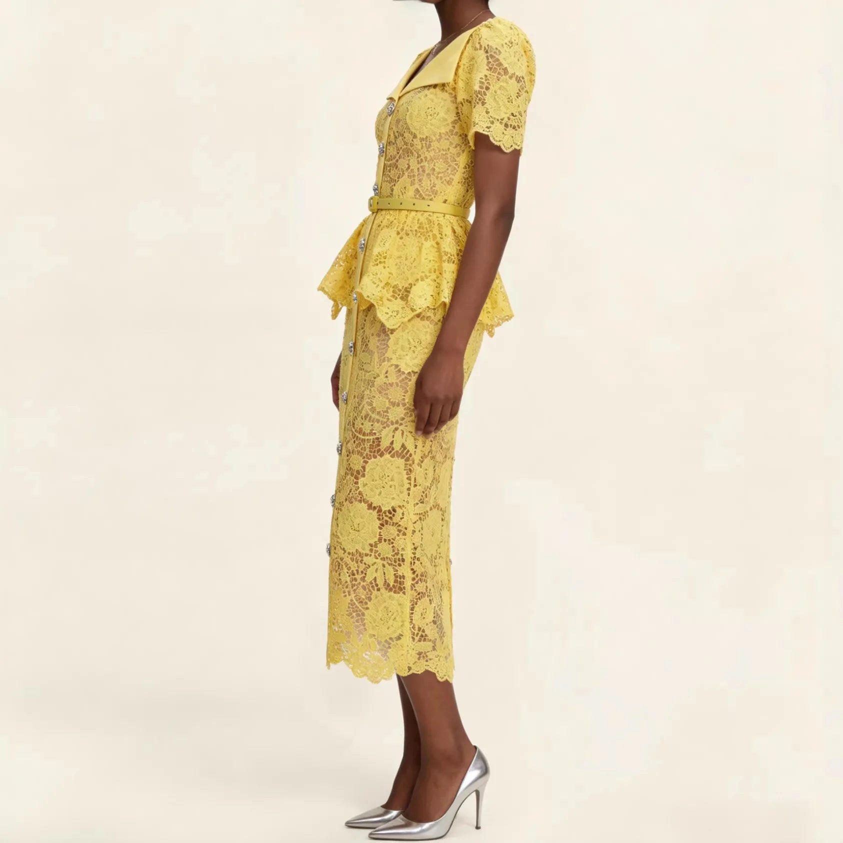 Marivelle™ Dress with Floral Lace, Peplum and Ornamental Buttons