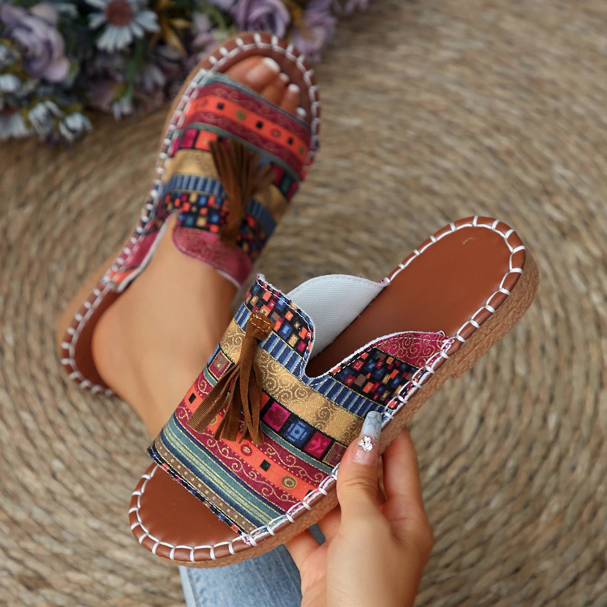 Marivelle™ Sandal With Ethnic Print And Decorative Tassels