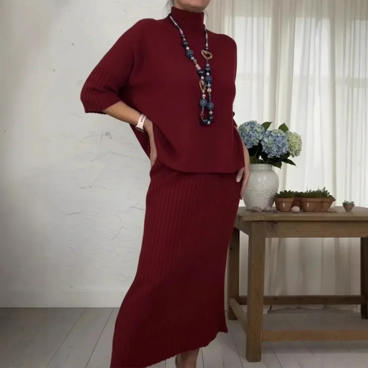 Marselha™ Set with Turtleneck Top and Ribbed Midi Skirt