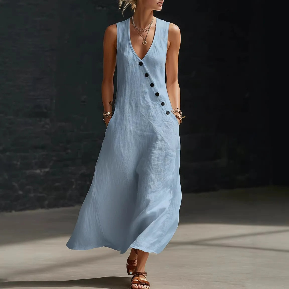 Antonella™ Midi Dress with Elegant Buttons and a V-Neckline