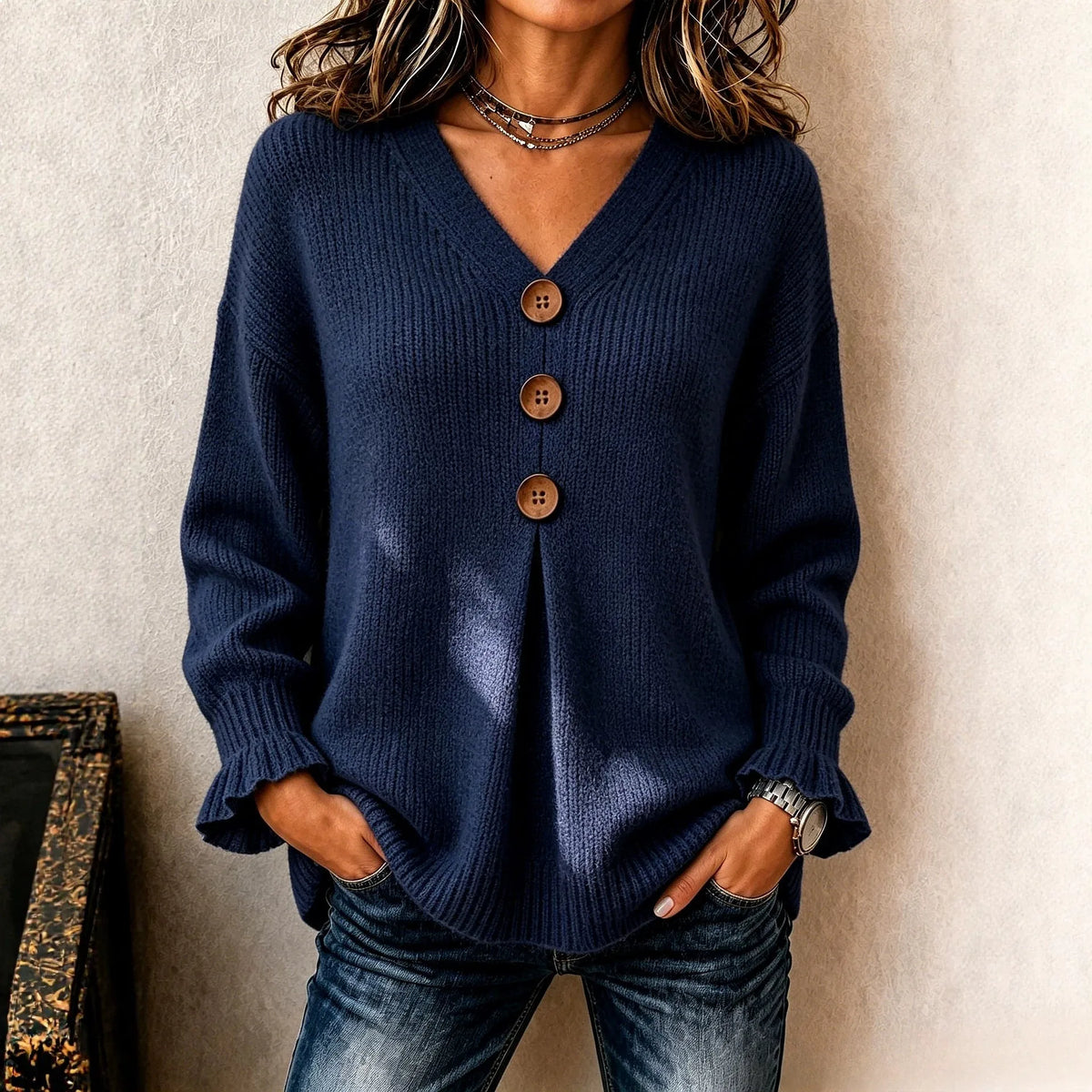 Blouse Rose™ with Front Buttons, Ribbed Cuffs and V-Neck