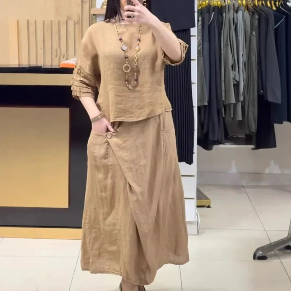 Bellarive™ Cotton Linen Set With Relaxed Blouse and Wrap Skirt