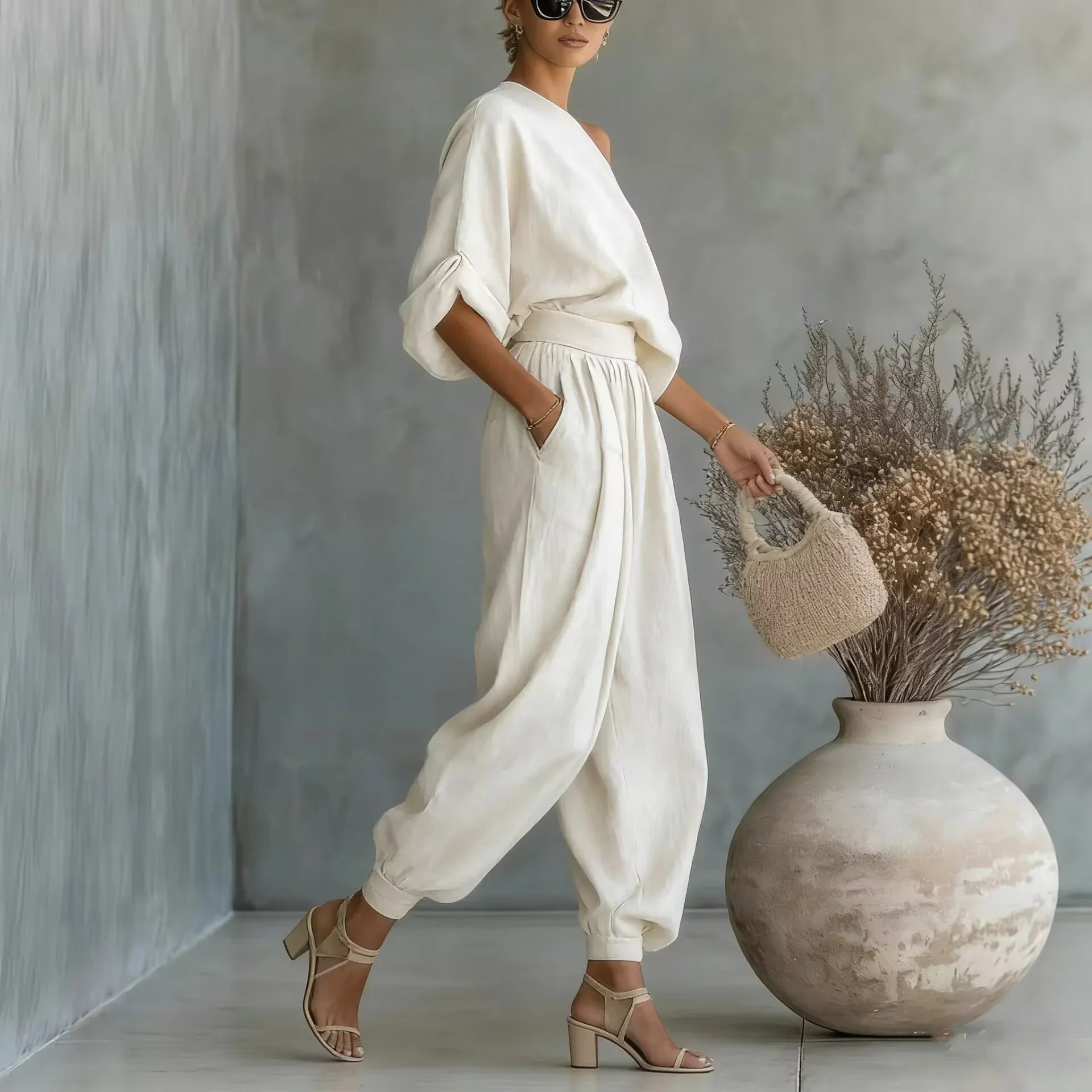 Linnea™ Set with One-Shoulder Top and High-Waisted Pants with Cuffed Hem
