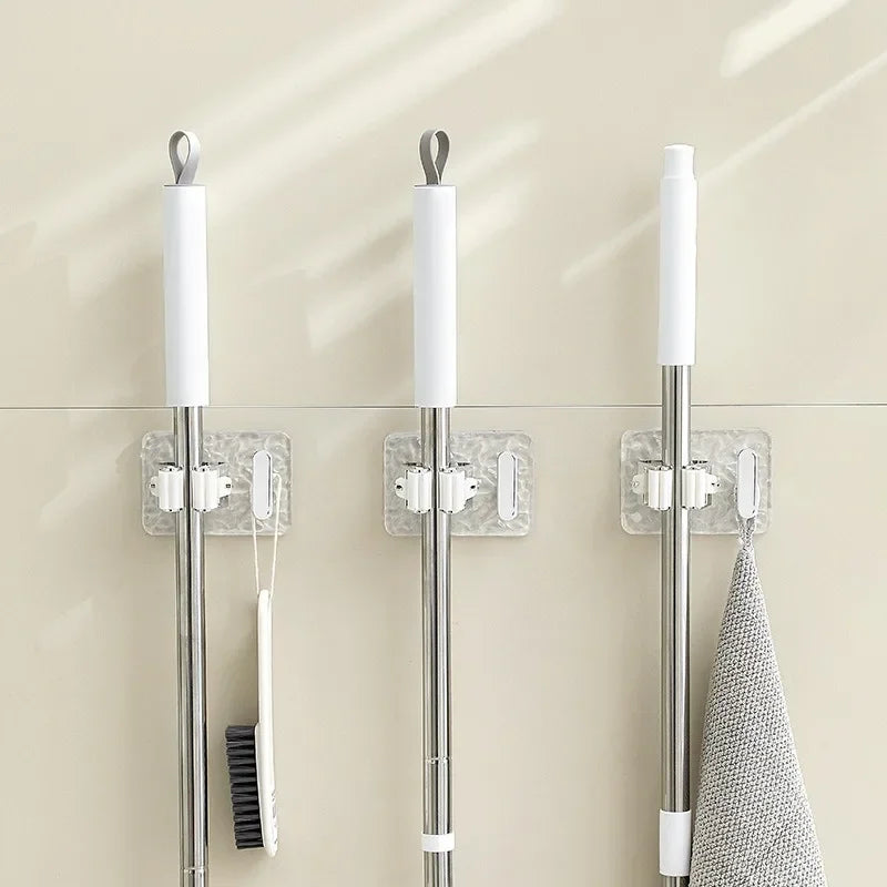 Wall Mounted Mop and Broom Holder – Adhesive Organizer with Extra Hook