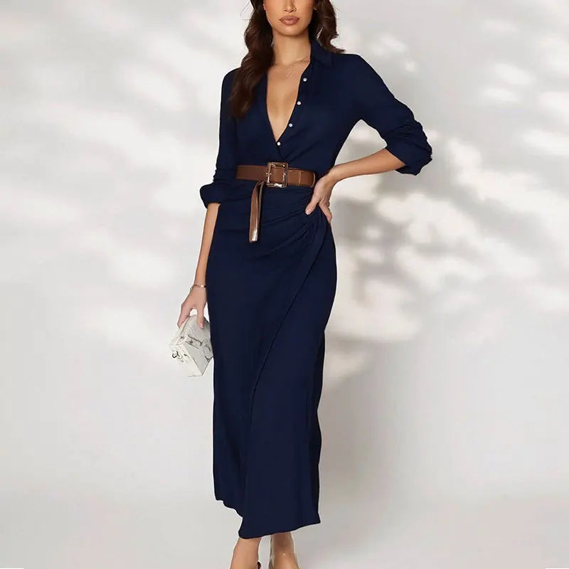 Marenza™ Dress with Shirt Collar, Matching Belt and Maxi Silhouette