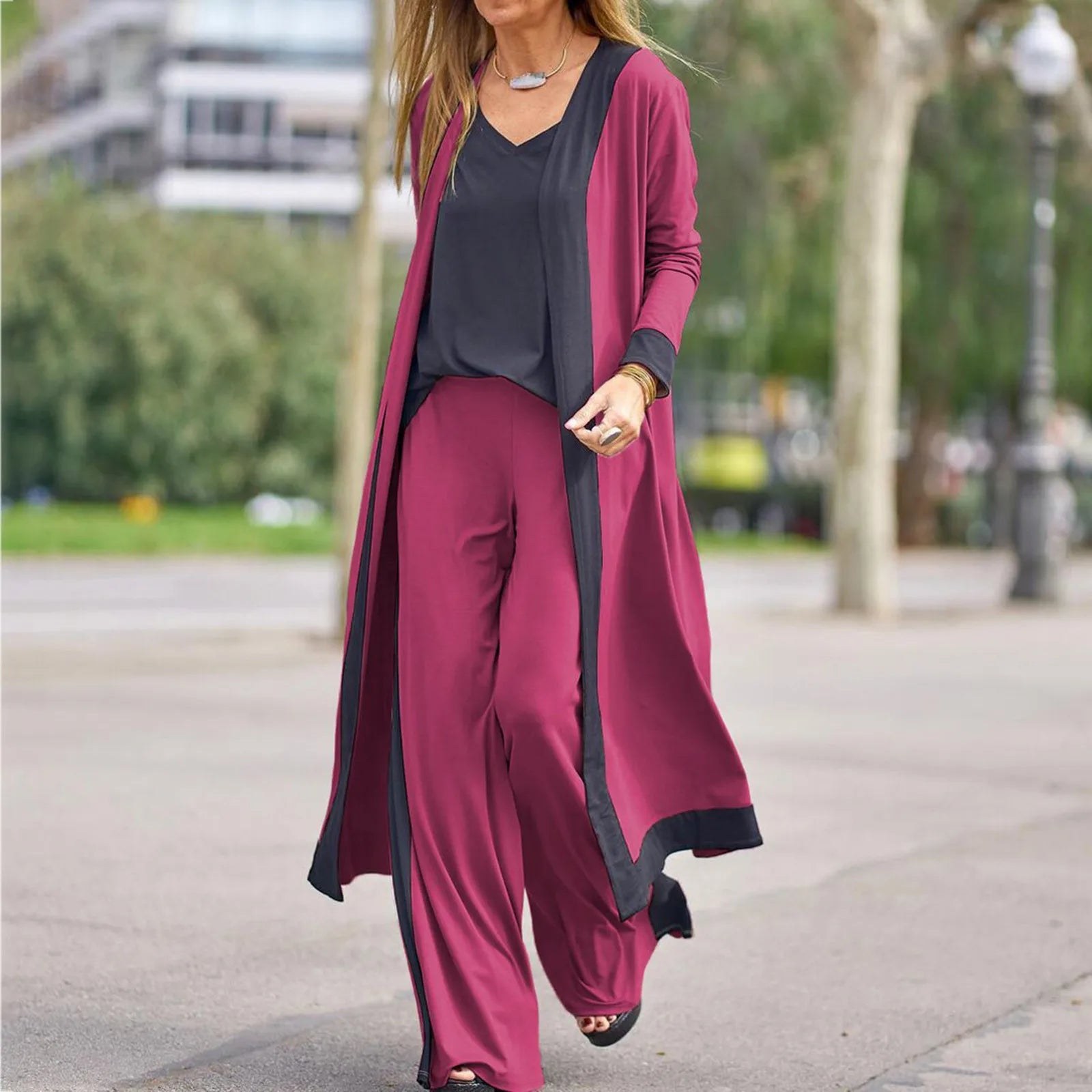 Seravelle™ Three-Piece Set with Long Cardigan, V-Neck Top and Wide-Leg Pants