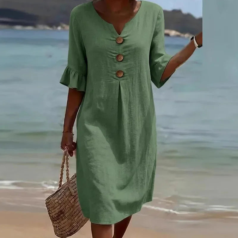 Liora™ Cotton-Linen Dress with Front Buttons and a Flowy Fit