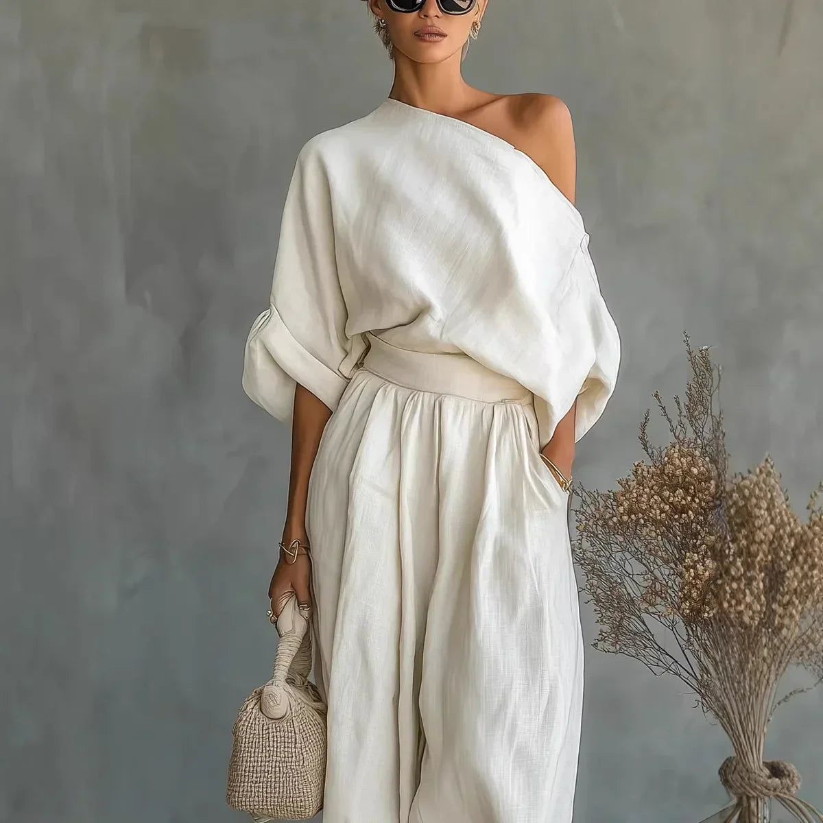 Linnea™ Set with One-Shoulder Top and High-Waisted Pants with Cuffed Hem