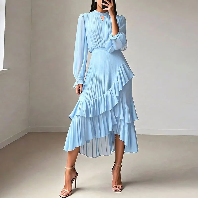 Lioren™ Dress with Sophisticated Pleats and Asymmetrical Ruffles