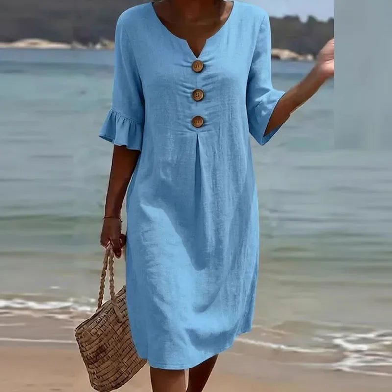 Liora™ Cotton-Linen Dress with Front Buttons and a Flowy Fit