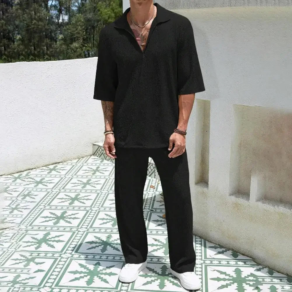 Helsinki™ Textured Viscose Set with Polo Collar and Old Money Aesthetic