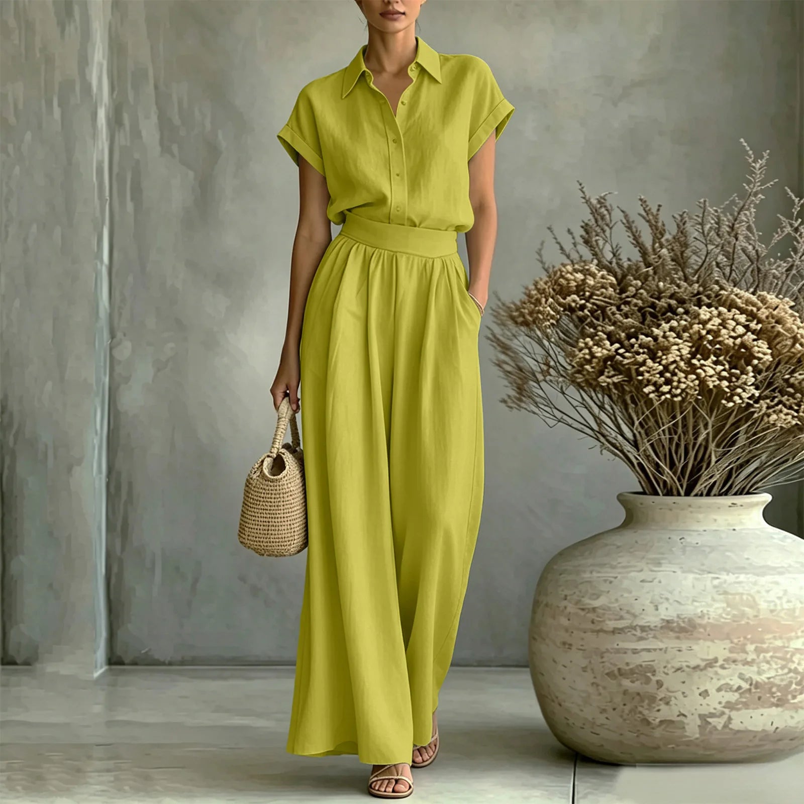 Set Virelle™ with Classic Collar Shirt and High-Waist Wide-Leg Pants