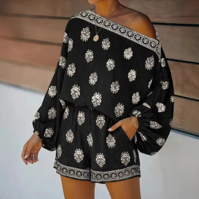Maravie™ Romper With Off-the-Shoulder Neckline And Boho Chic Print