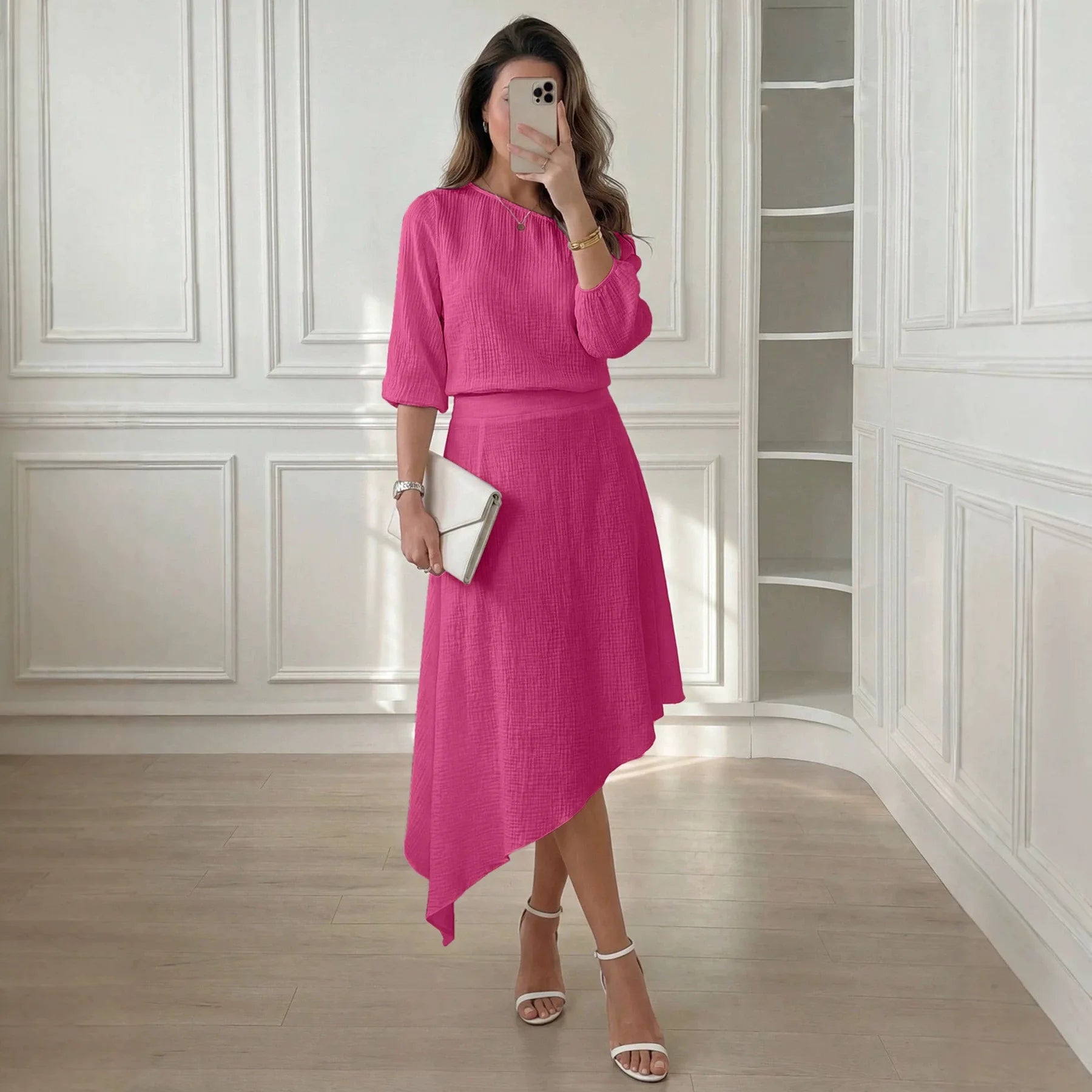 Set Emberly™ with Textured One-Shoulder Top and Flowy Midi Skirt