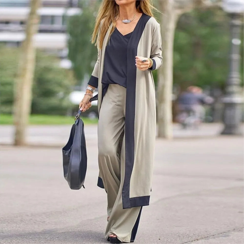 Seravelle™ Three-Piece Set with Long Cardigan, V-Neck Top and Wide-Leg Pants