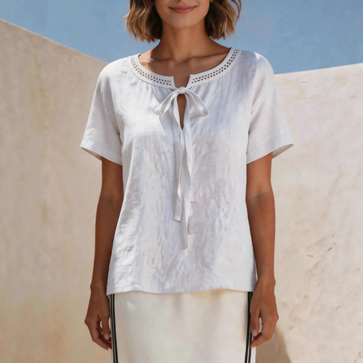 Valisse™ Blouse with Delicate Bow and Handcrafted Eyelet Lace at the Neckline