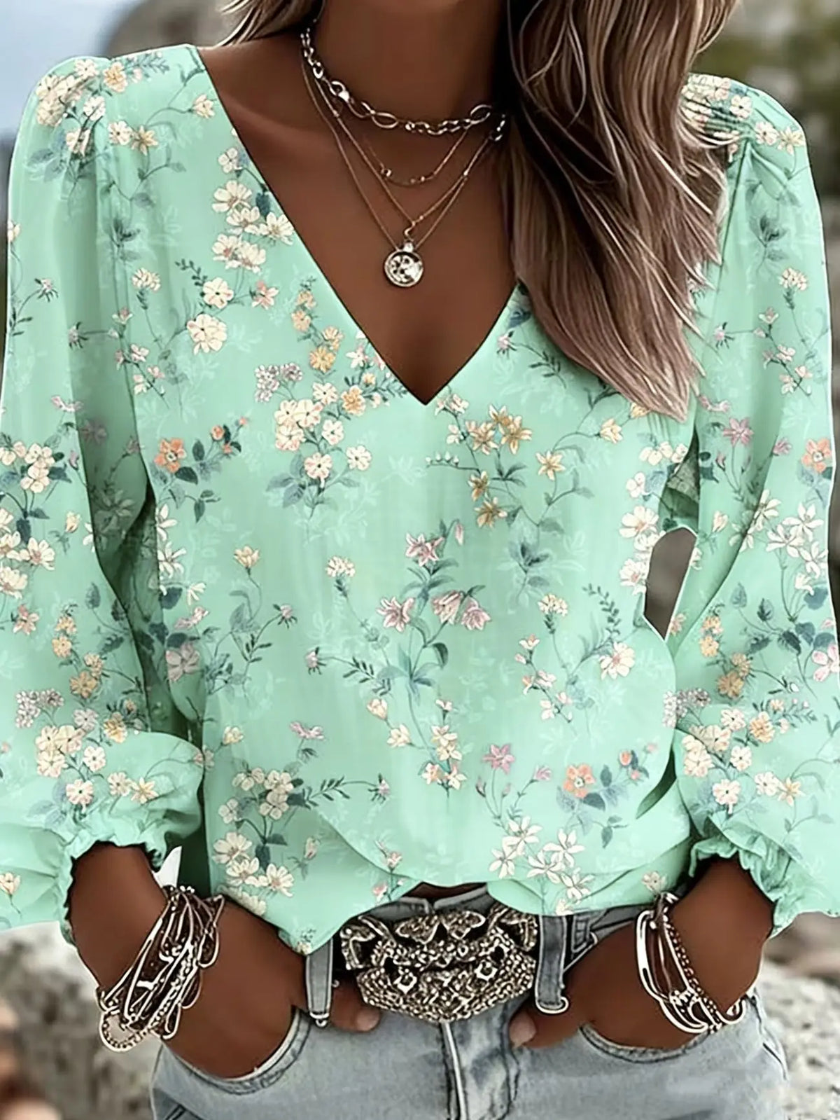 Arielle™ Blouse with V-Neck, Long Sleeves and Gathered Cuffs
