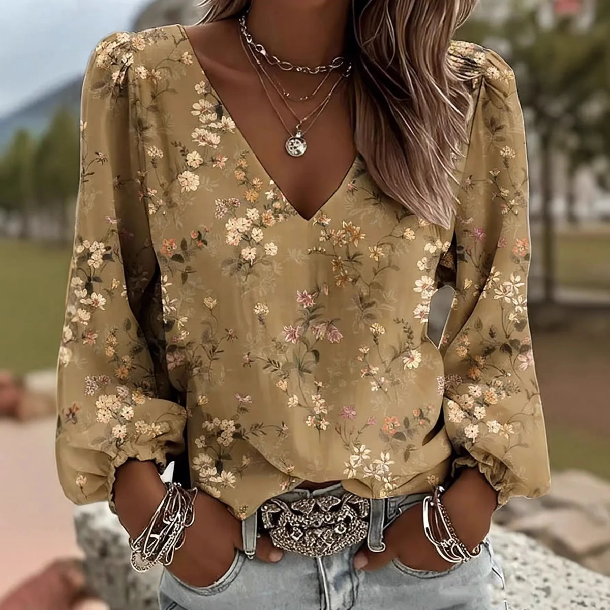 Arielle™ Blouse with V-Neck, Long Sleeves and Gathered Cuffs