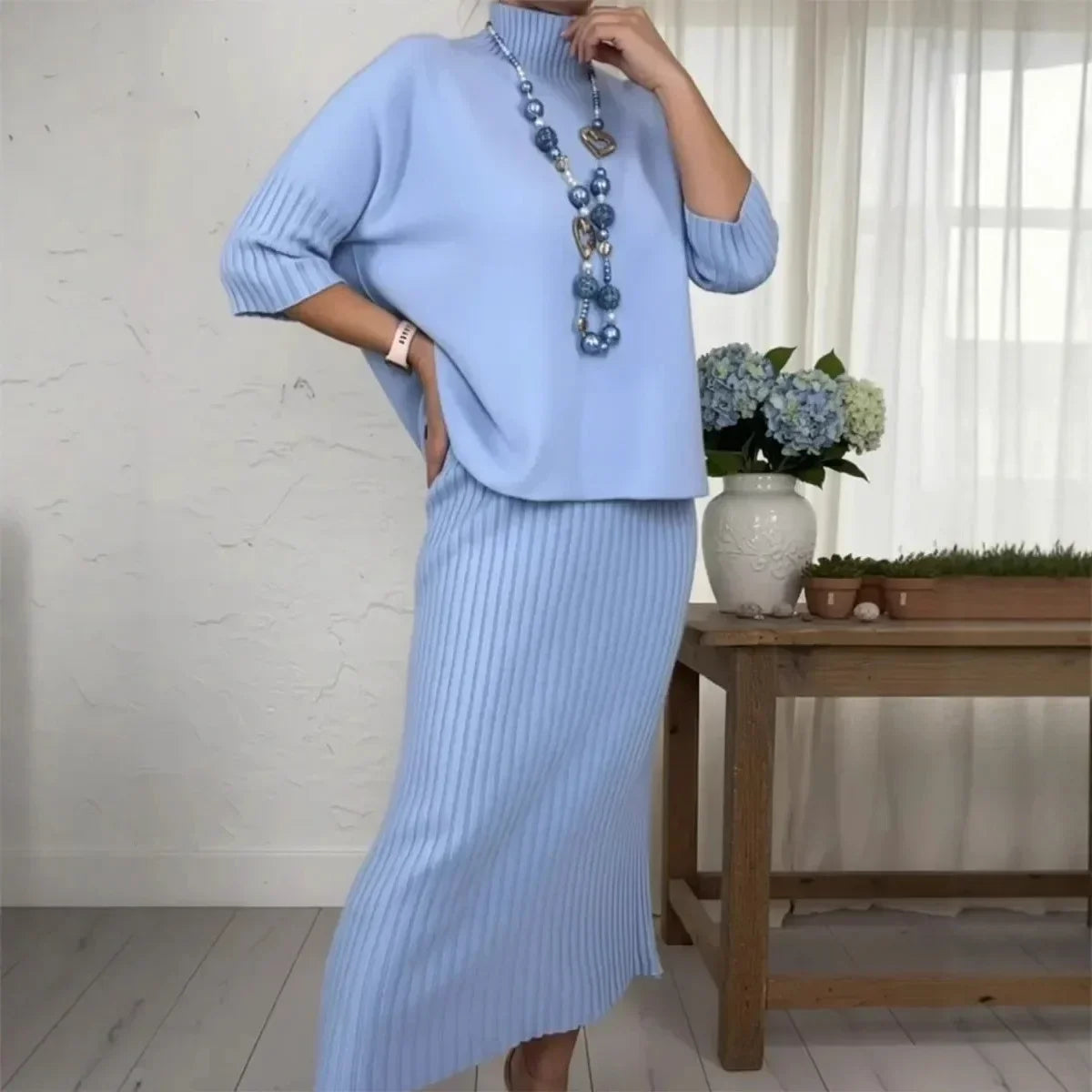Marselha™ Set with Turtleneck Top and Ribbed Midi Skirt
