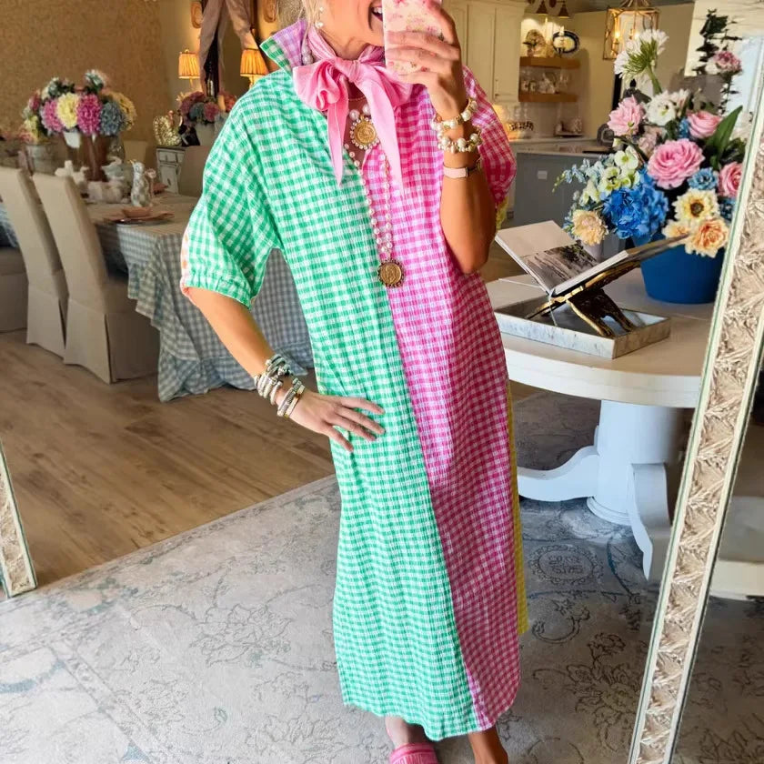 Colorie™ Dress With Shirt Collar And Color-Block Gingham Pattern