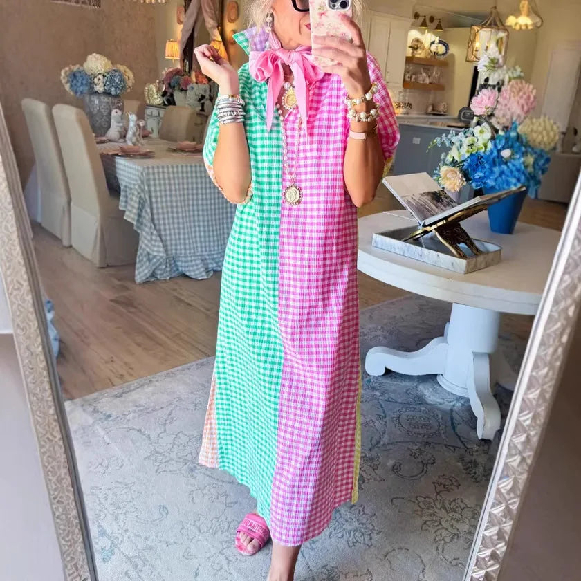 Colorie™ Dress With Shirt Collar And Color-Block Gingham Pattern