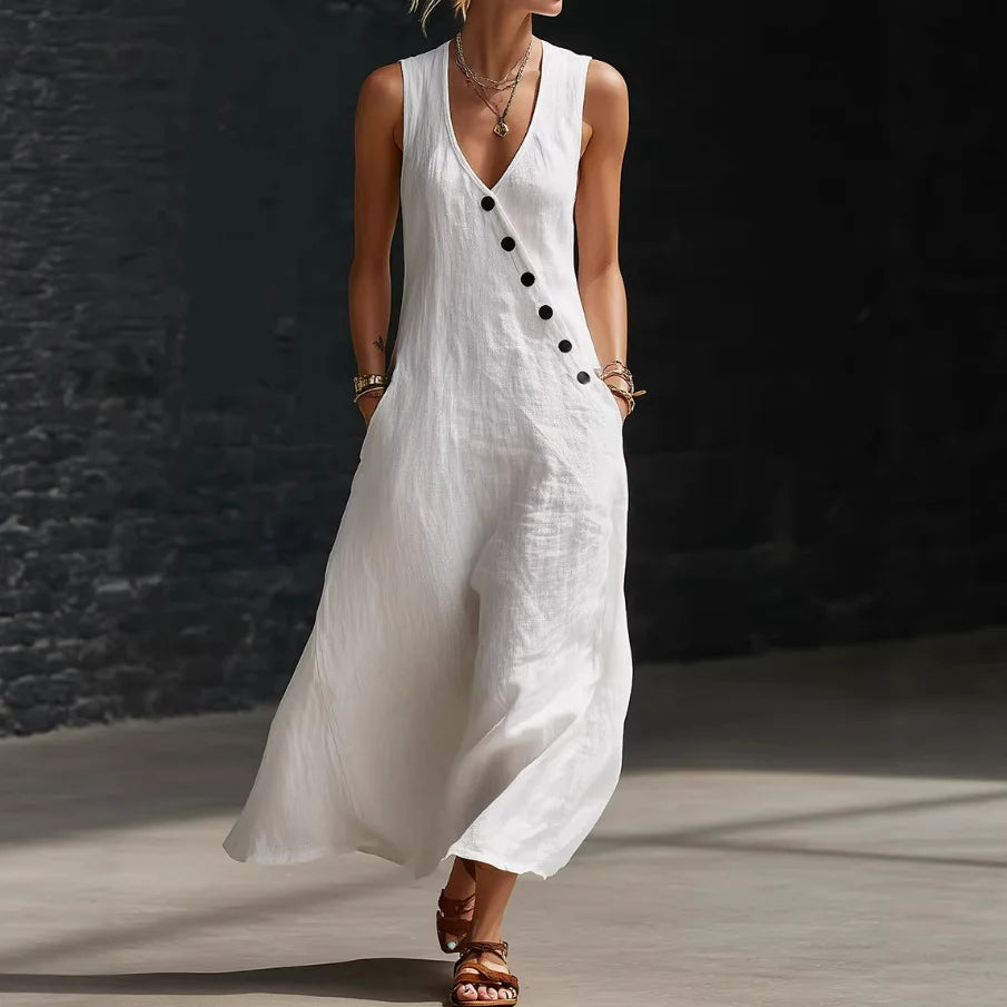 Antonella™ Midi Dress with Elegant Buttons and a V-Neckline
