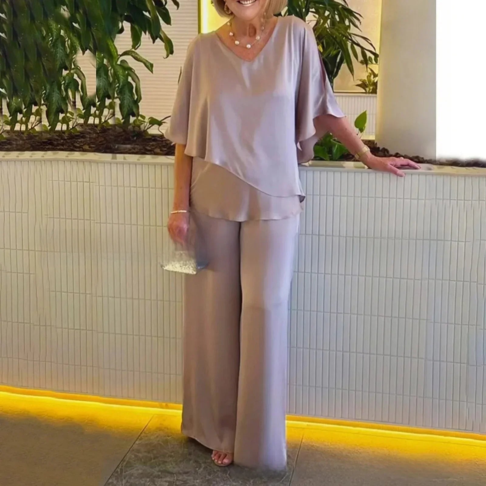Mirelly™ Premium Knit Set with an Asymmetrical Blouse and Elegant Wide-Leg Pants