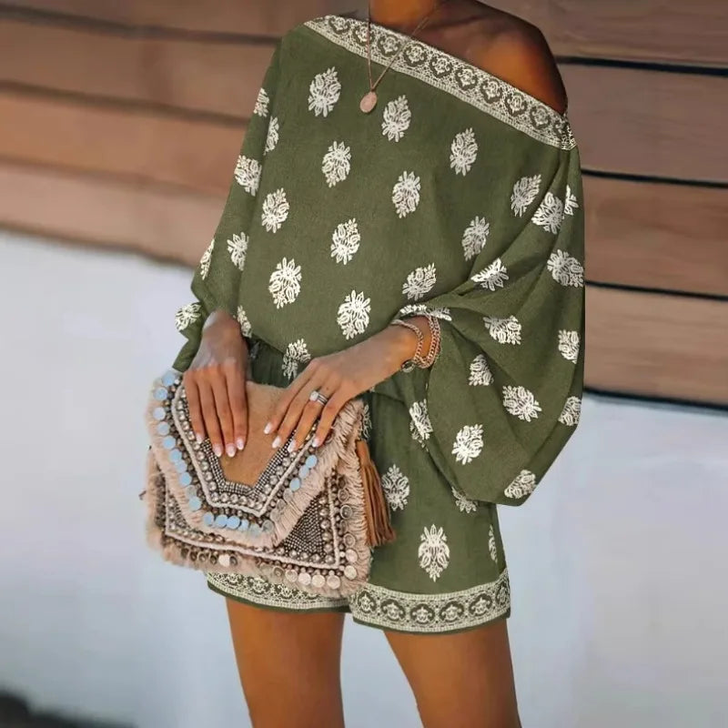 Maravie™ Romper With Off-the-Shoulder Neckline And Boho Chic Print