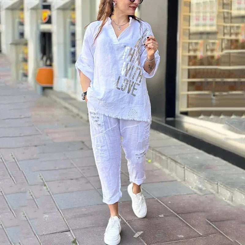 Vogue Street™ Cotton Linen Set with Metallic Print and Embroidered Cargo Pants / The Perfect Balance Between Comfort and Contemporary Style!