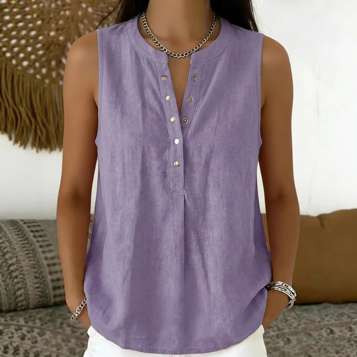 Blouse Emily™ Cotton-Linen with Round Neckline, Button-Front Detail and Sleeveless Cut